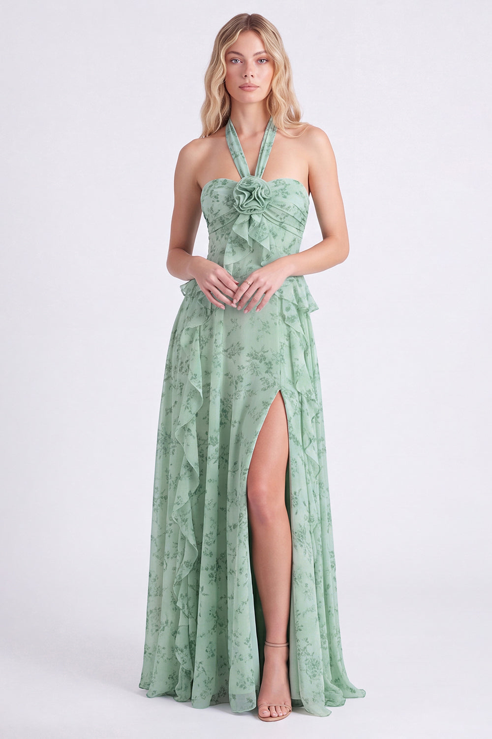Sage Floral A-Line Chiffon Halter Neck Ruffled Long Bridesmaid Dress with Slit
