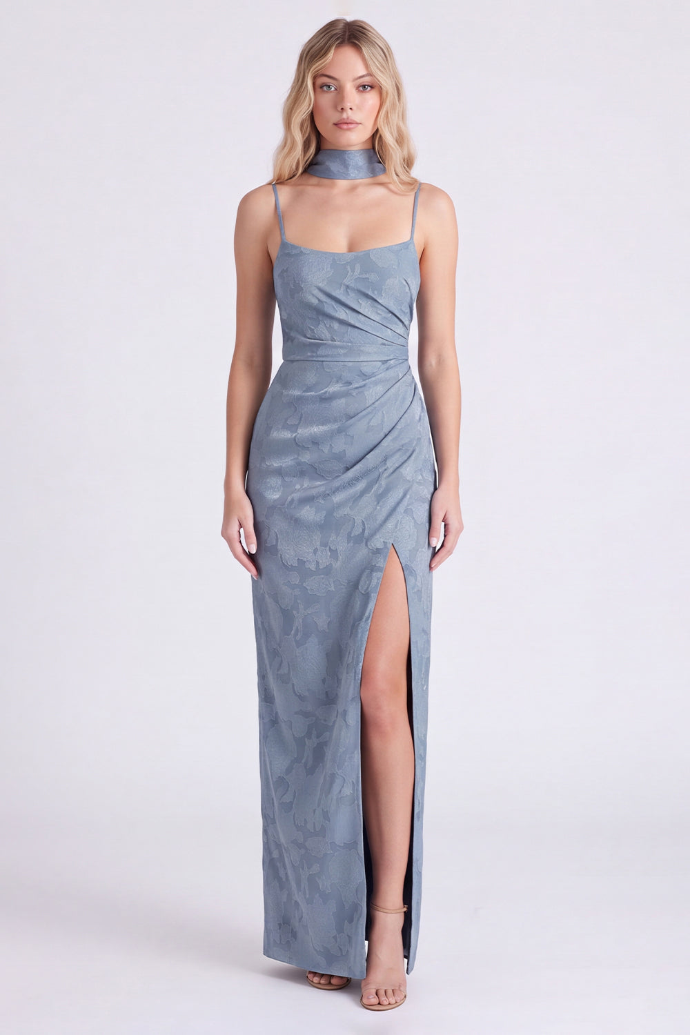 Dusty Blue Jacquard Maxi Bridesmaid Dress with Long Neck Scarf
