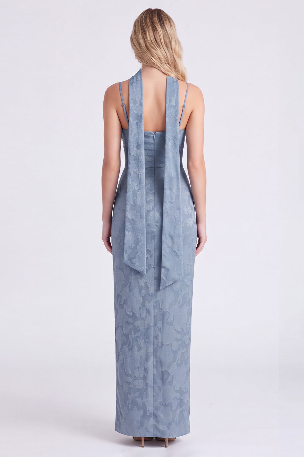 Dusty Blue Jacquard Maxi Bridesmaid Dress with Long Neck Scarf