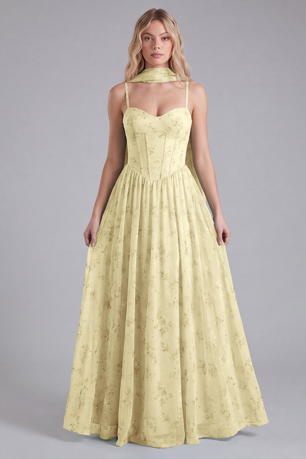 Sage Chiffon A-Line Corset Floral Print Bridesmaid Dress with Long Neck Scarf