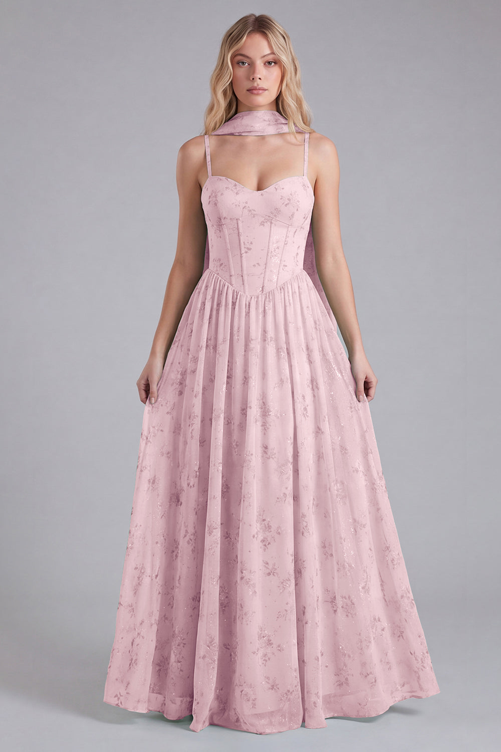 Sage Chiffon A-Line Corset Floral Print Bridesmaid Dress with Long Neck Scarf