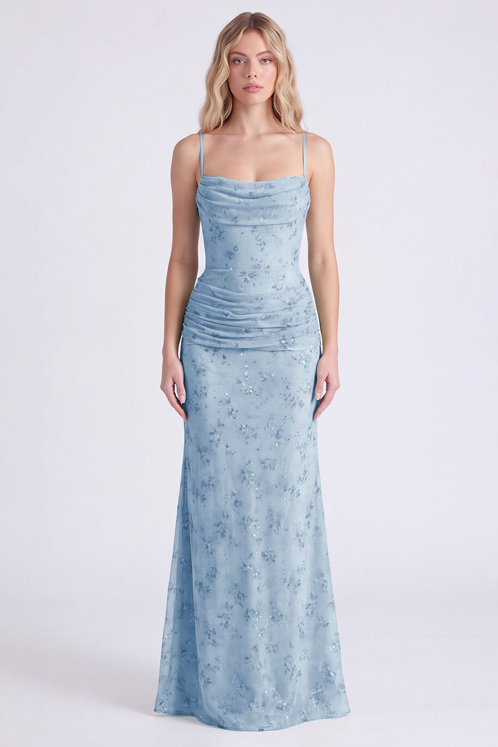 Sage Mermaid Floral Chiffon Spaghetti Straps Long Bridesmaid Dress