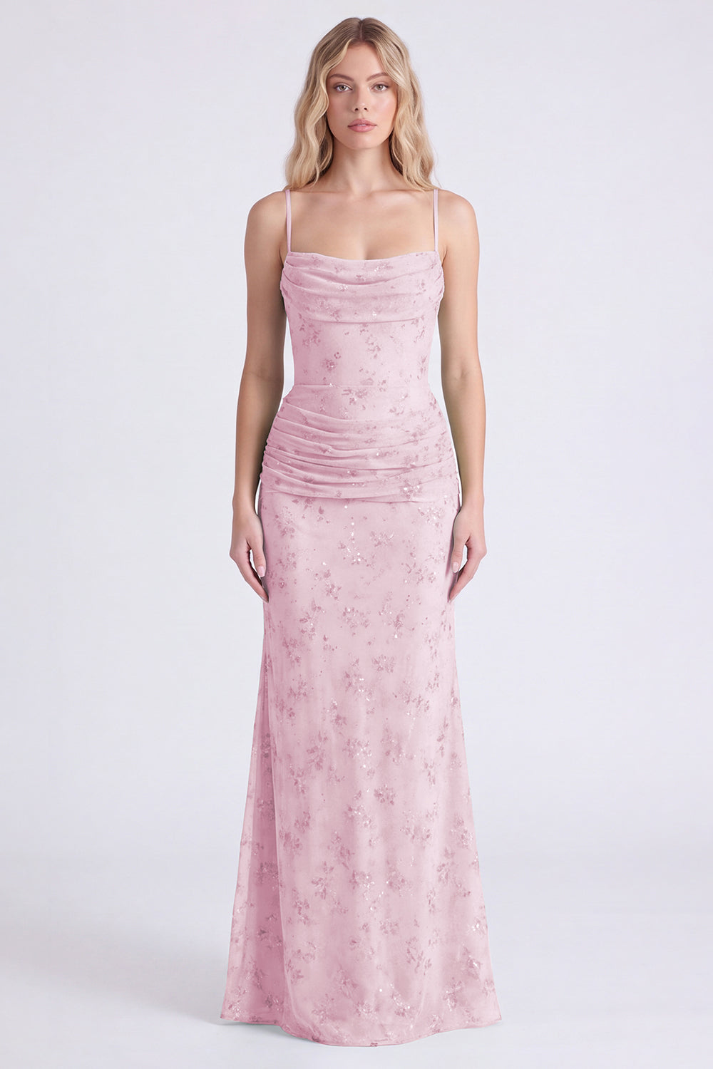 Sage Mermaid Floral Chiffon Spaghetti Straps Long Bridesmaid Dress
