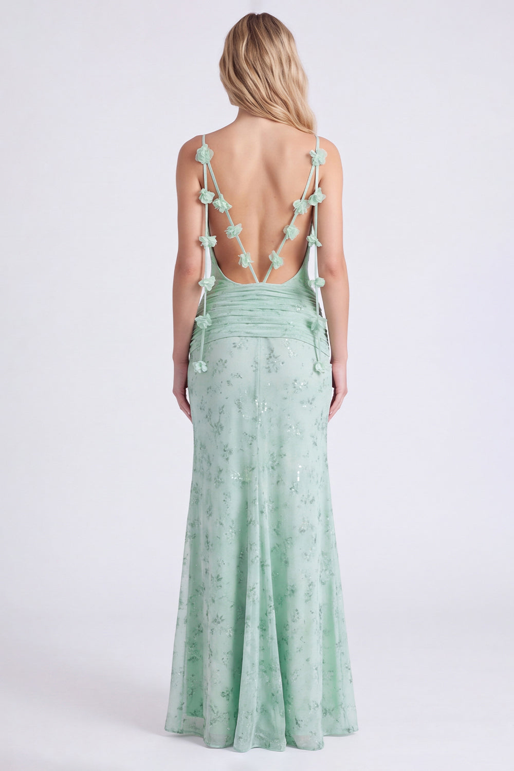 Sage Mermaid Floral Chiffon Spaghetti Straps Long Bridesmaid Dress