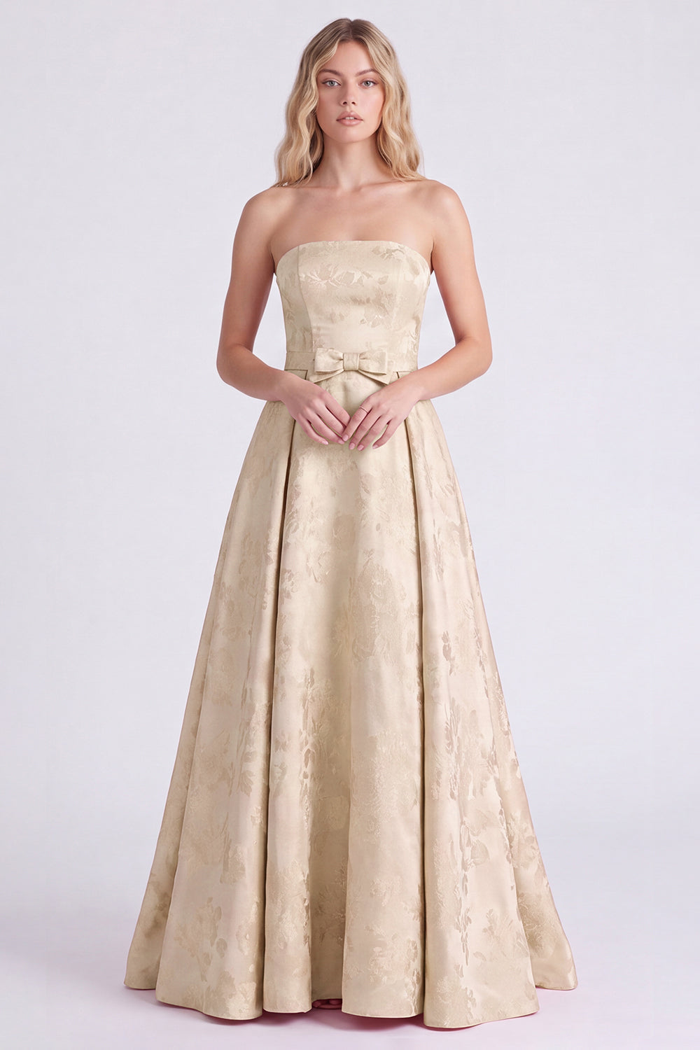 Strapless Pink A-Line Satin Floral Long Bridesmaid Dress with Bow