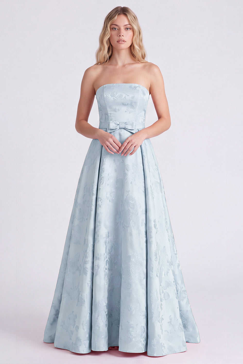 Strapless Pink A-Line Satin Floral Long Bridesmaid Dress with Bow