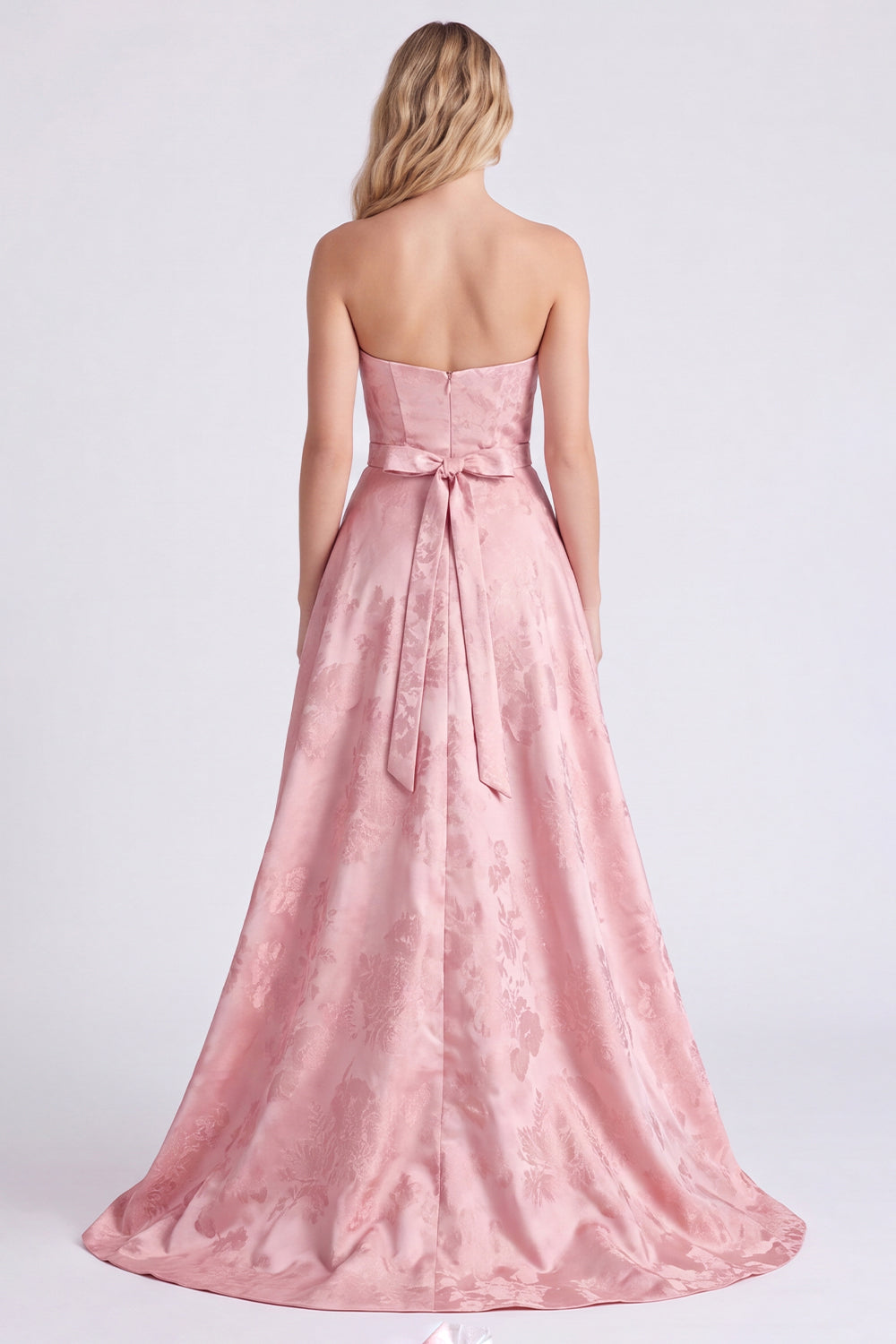 Strapless Pink A-Line Satin Floral Long Bridesmaid Dress with Bow