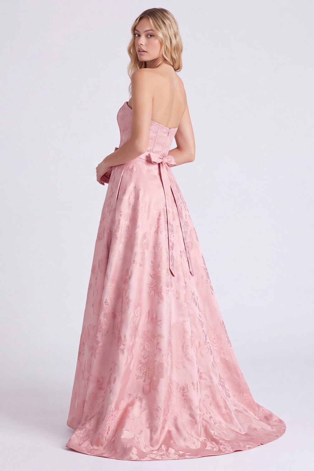 Strapless Pink A-Line Satin Floral Long Bridesmaid Dress with Bow