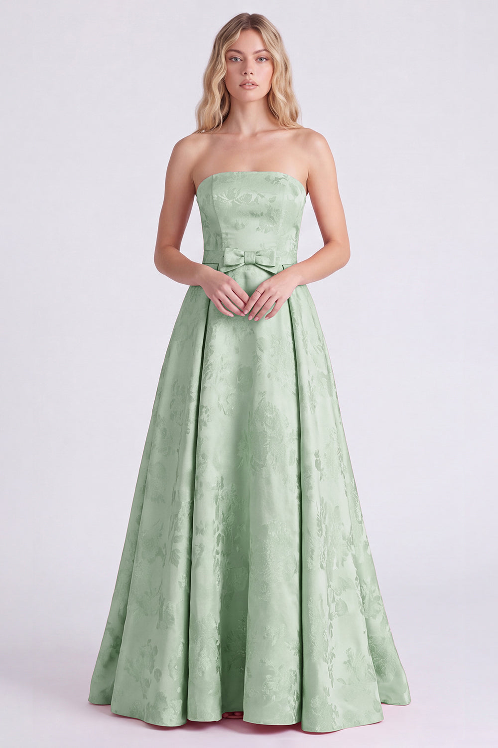 Strapless Pink A-Line Satin Floral Long Bridesmaid Dress with Bow