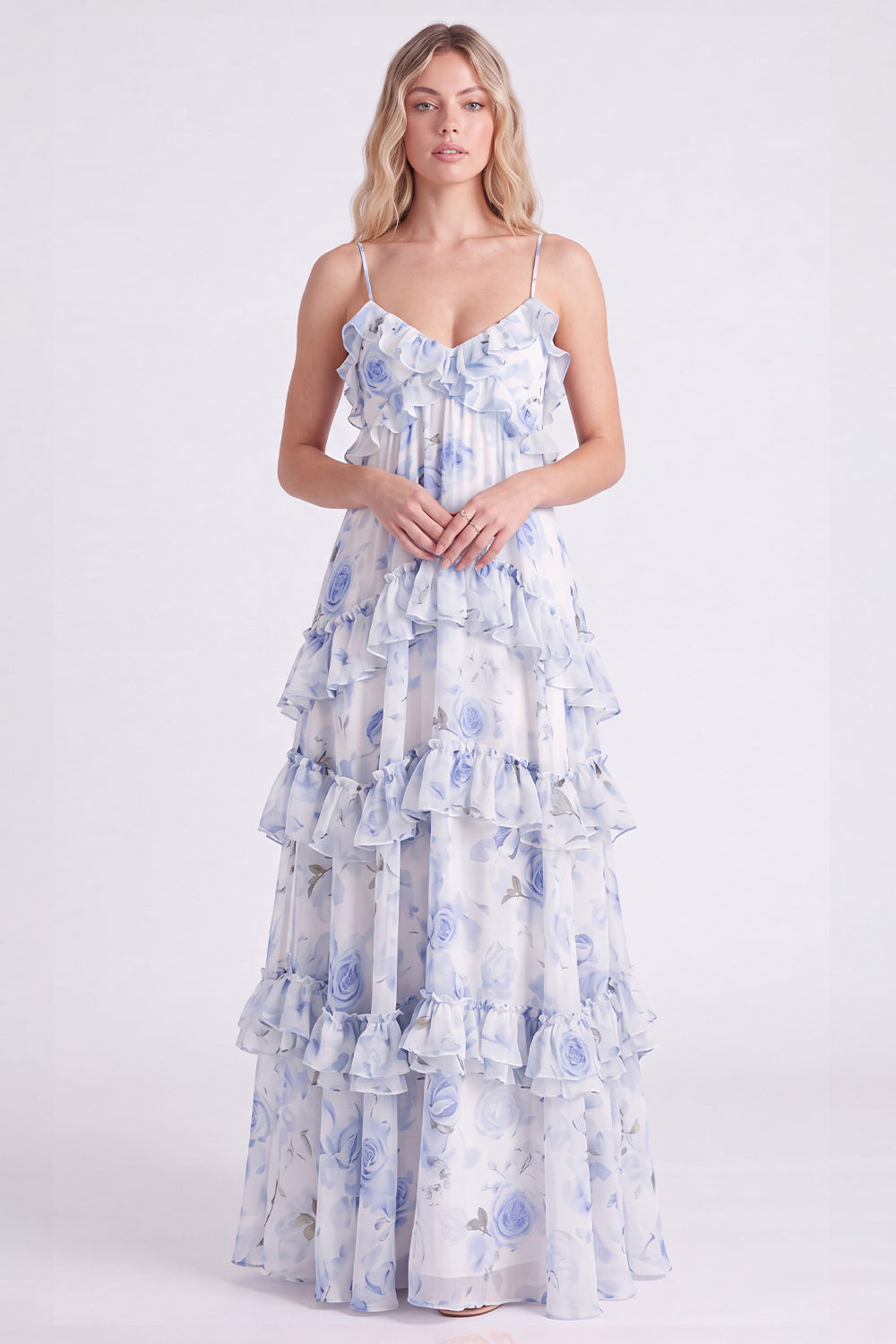 A-Line Pink Floral Chiffon Tiered Spaghetti Straps Long Bridesmaid Dress with Ruffles