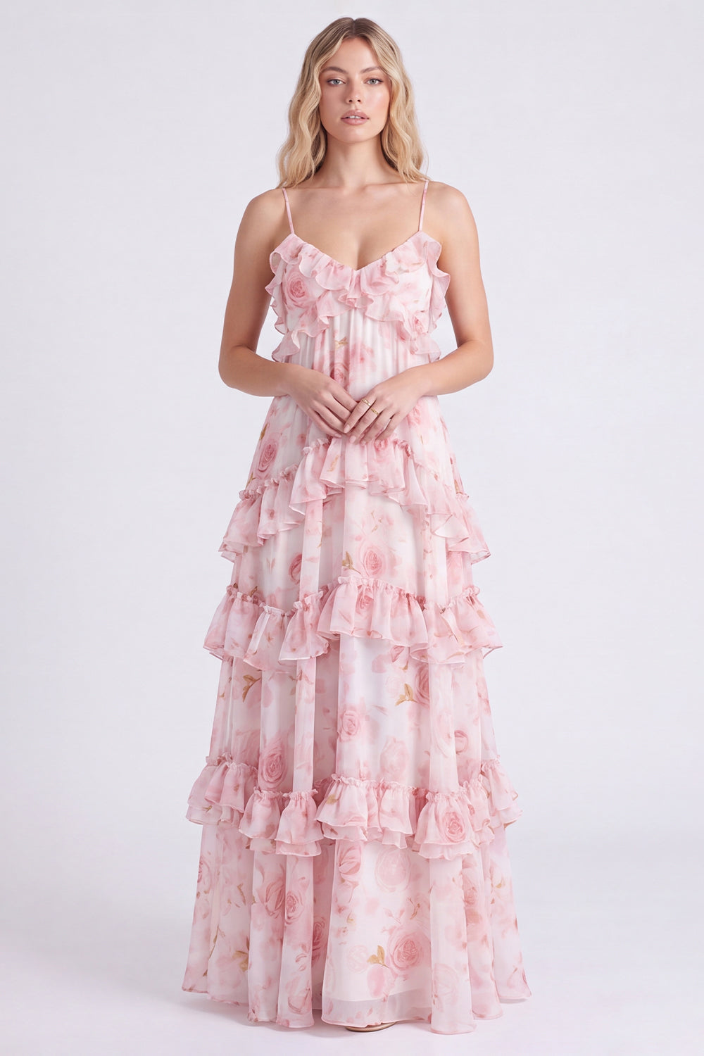 A-Line Pink Floral Chiffon Tiered Spaghetti Straps Long Bridesmaid Dress with Ruffles