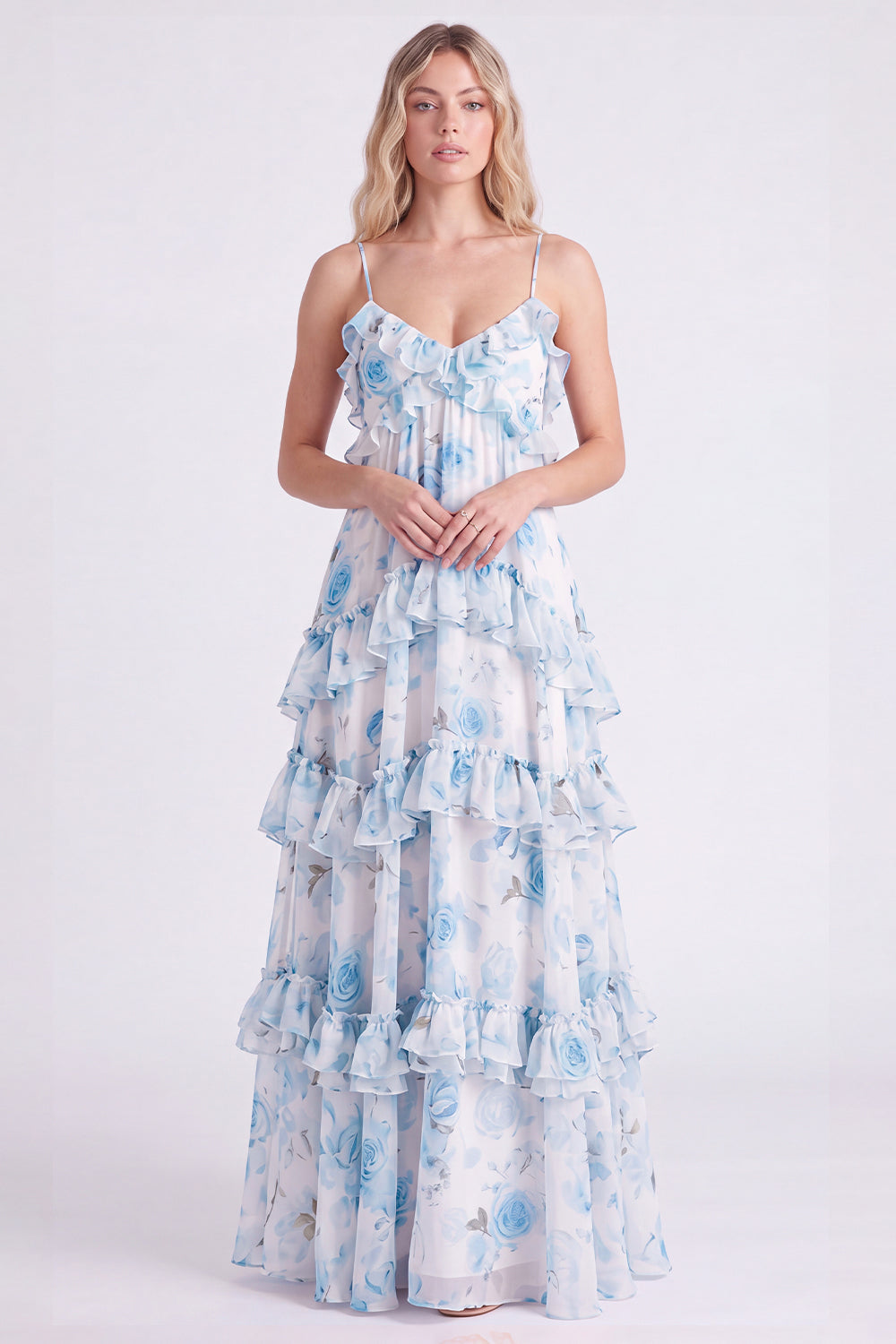 A-Line Pink Floral Chiffon Tiered Spaghetti Straps Long Bridesmaid Dress with Ruffles
