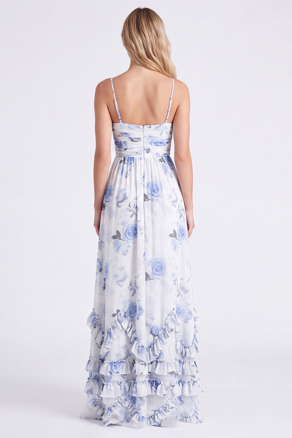 Chiffon Light Blue Floral A-Line Spaghetti Straps Ruffled Long Bridesmaid Dress with Slit