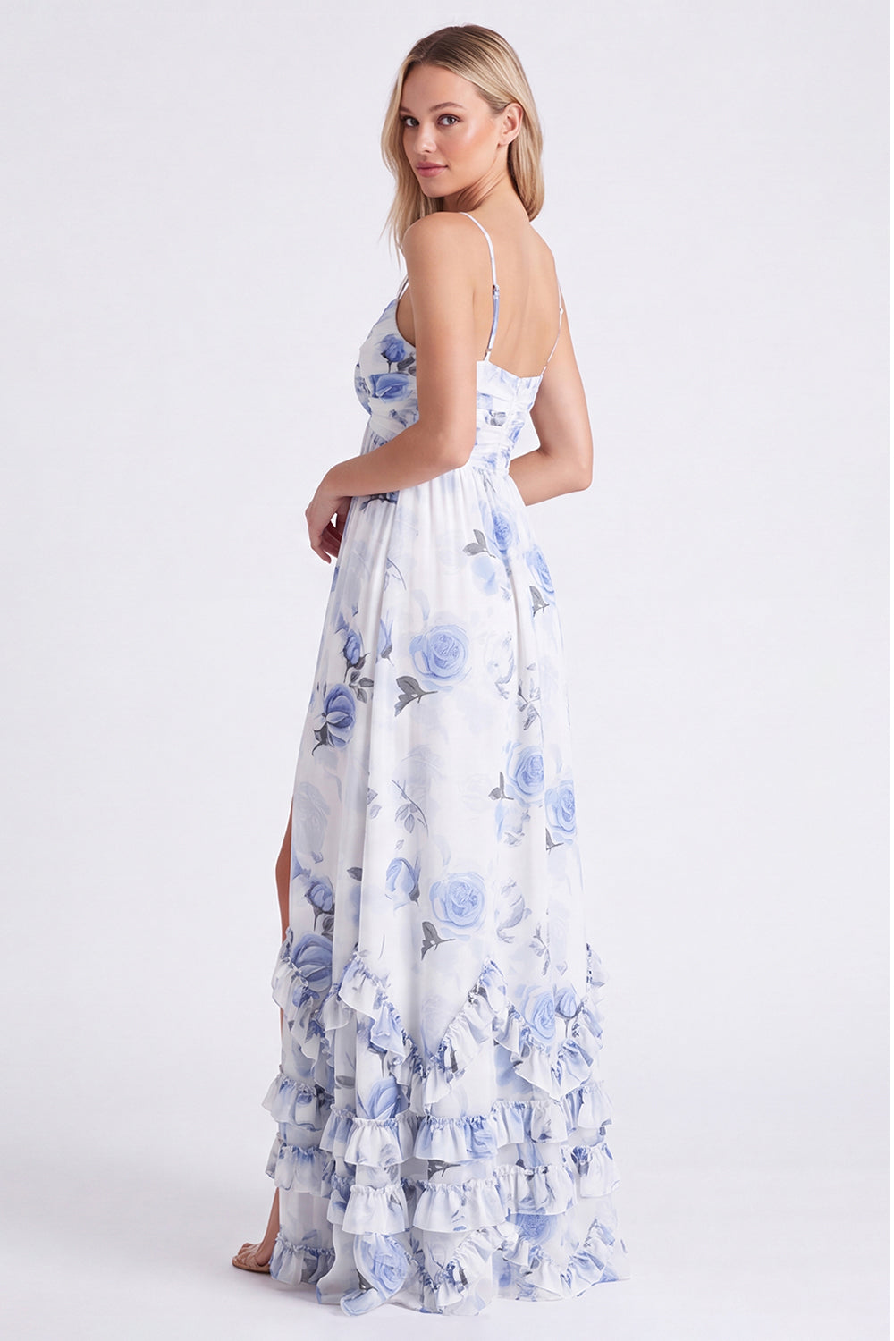 Chiffon Light Blue Floral A-Line Spaghetti Straps Ruffled Long Bridesmaid Dress with Slit