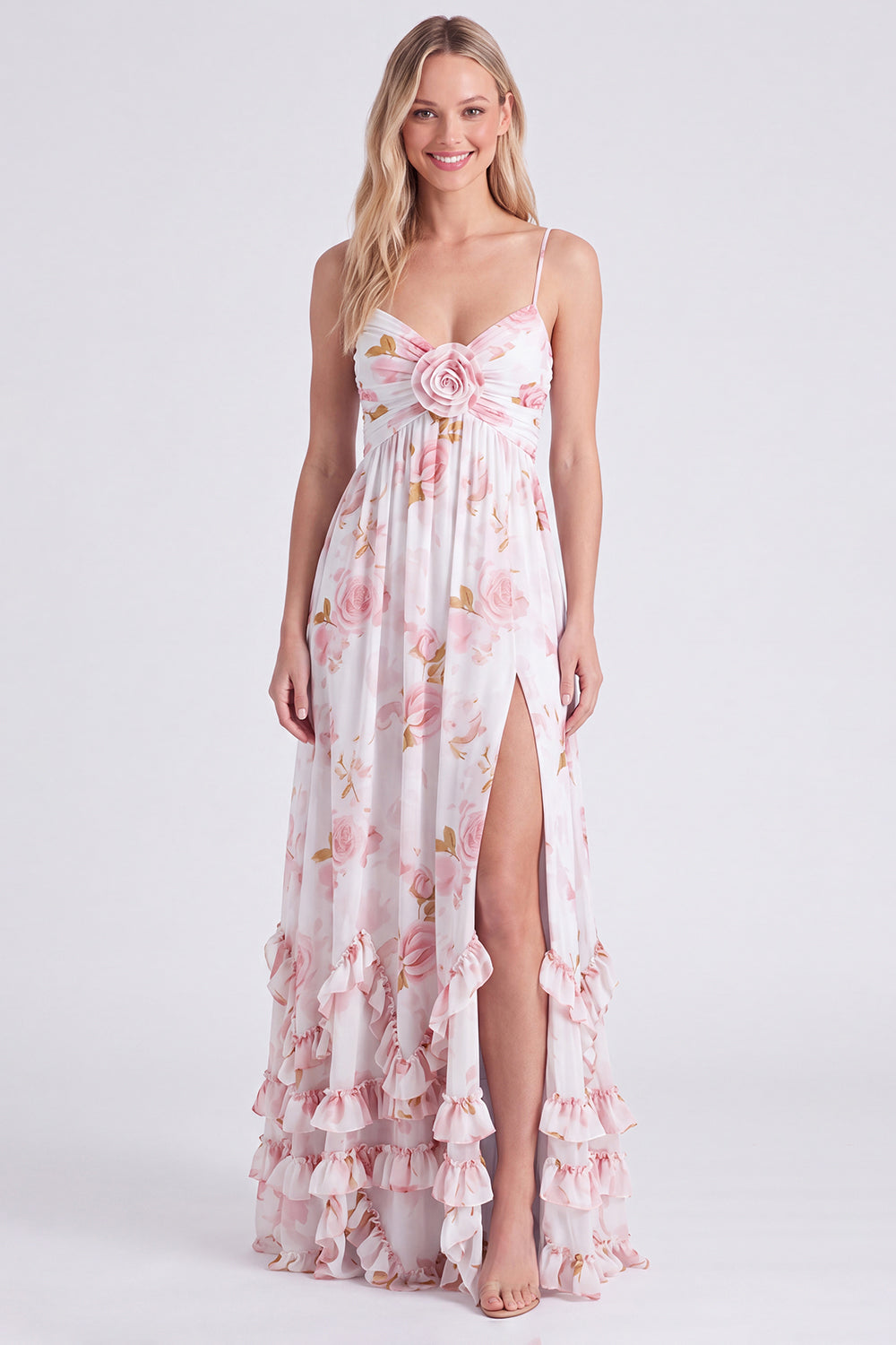 Chiffon Light Blue Floral A-Line Spaghetti Straps Ruffled Long Bridesmaid Dress with Slit