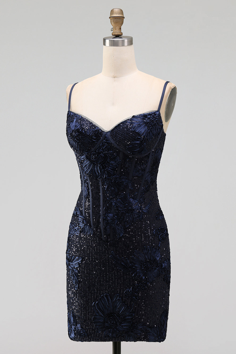 Navy Bodycon Floral Embroidery Corset Sequins Short Homecoming Dress