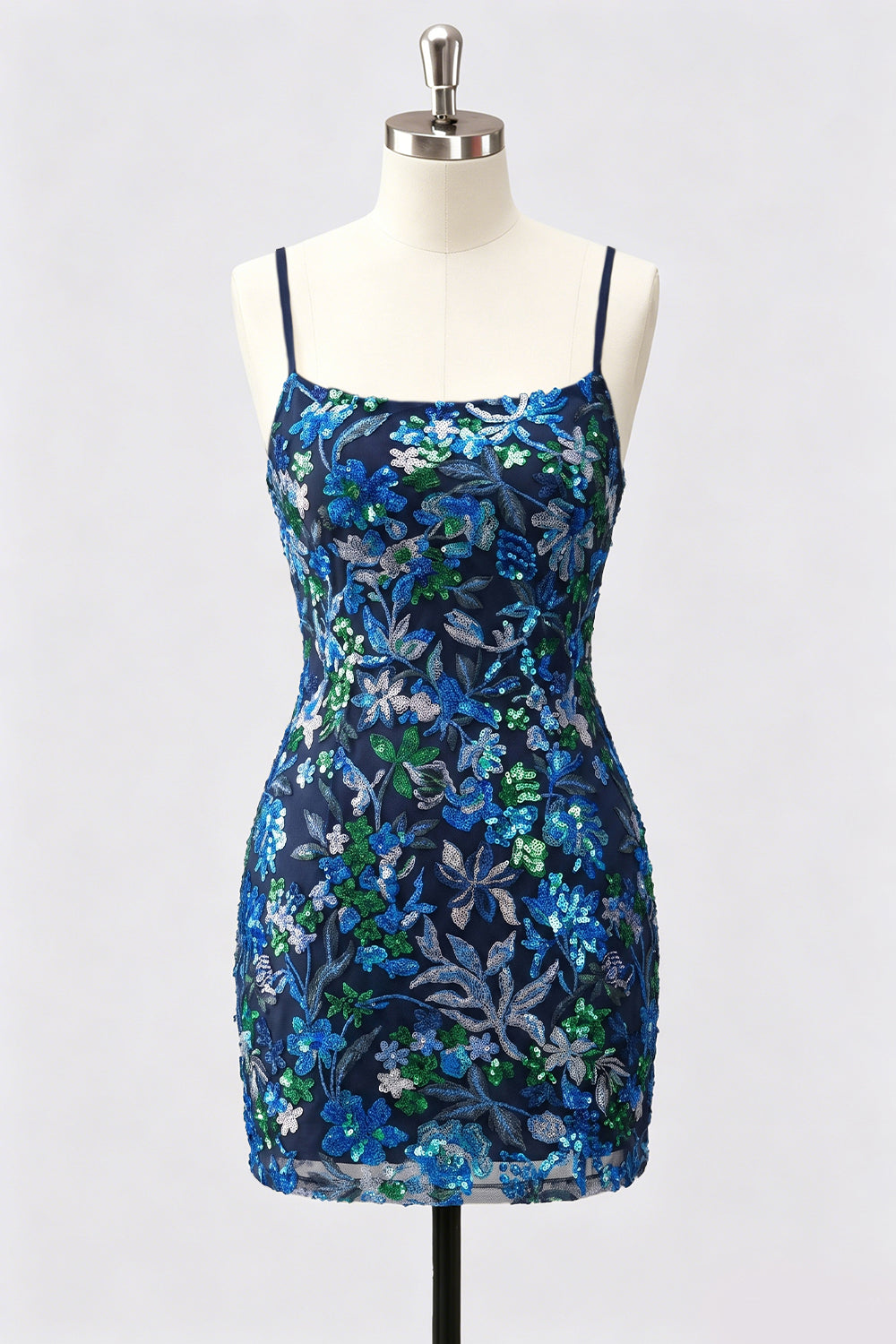 Robe courte de cocktail moulante lilas brodée de fleurs et de paillettes, avec laçage au dos