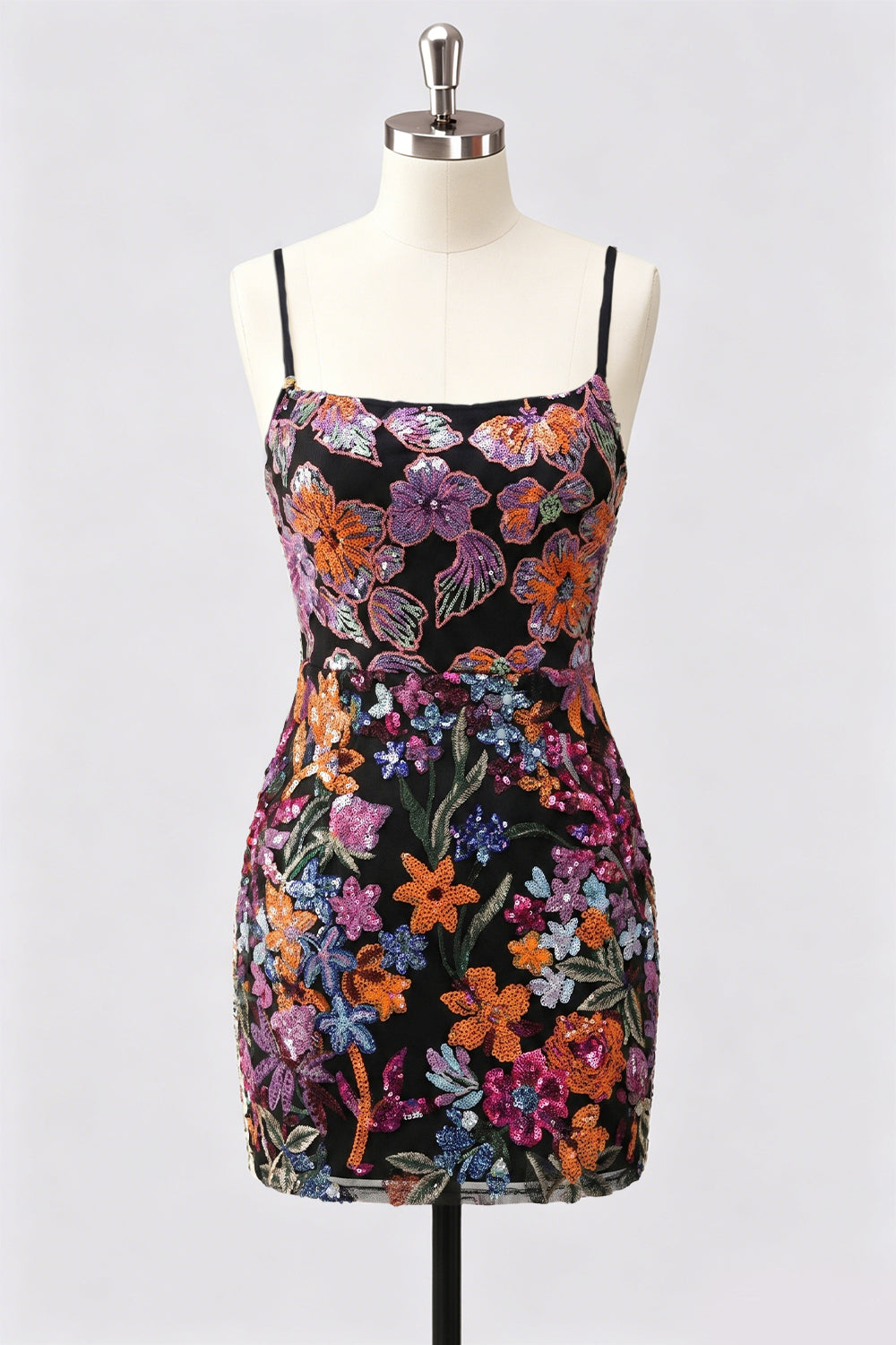 Robe courte de cocktail moulante lilas brodée de fleurs et de paillettes, avec laçage au dos
