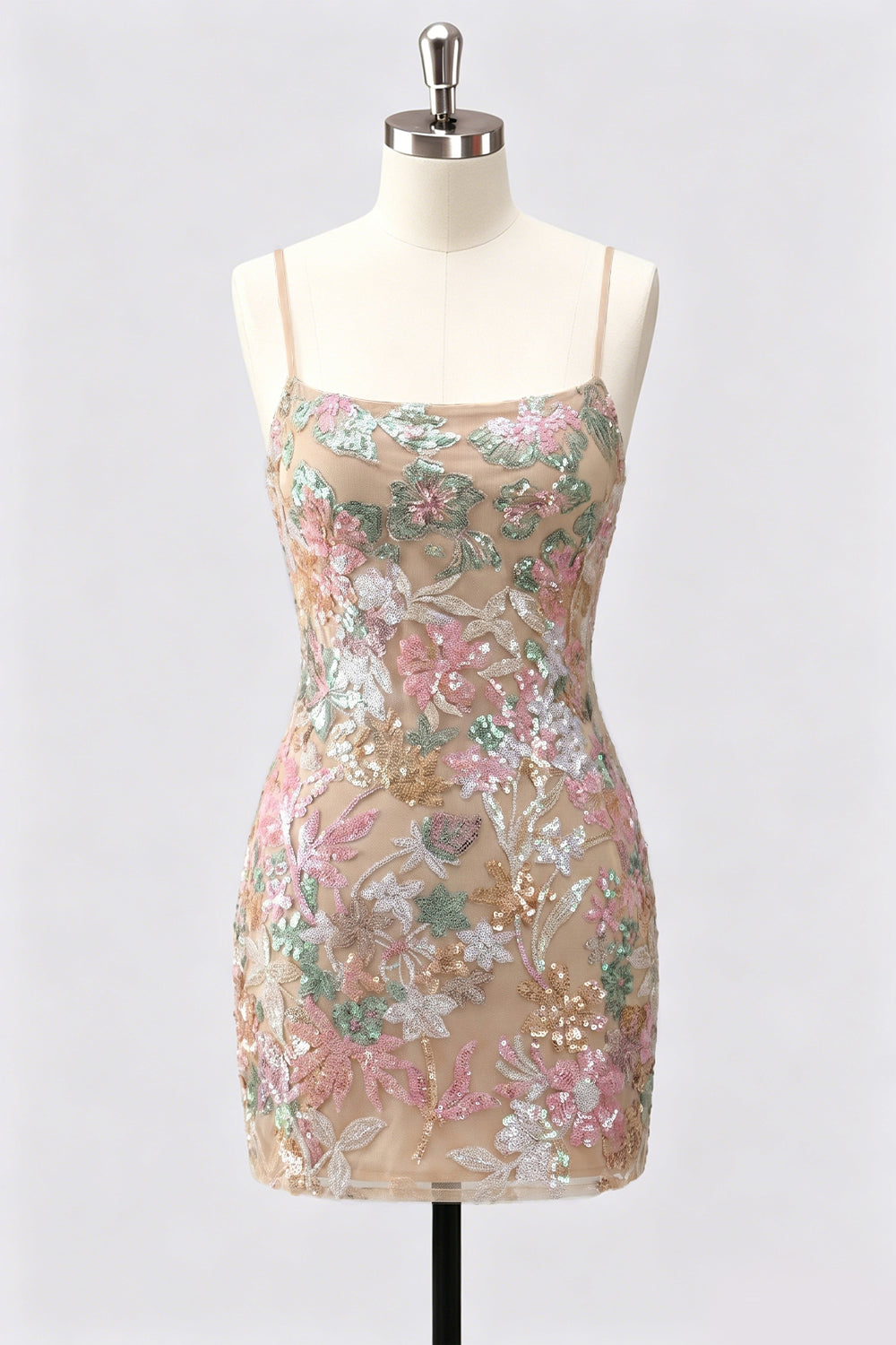 Robe courte de cocktail moulante lilas brodée de fleurs et de paillettes, avec laçage au dos