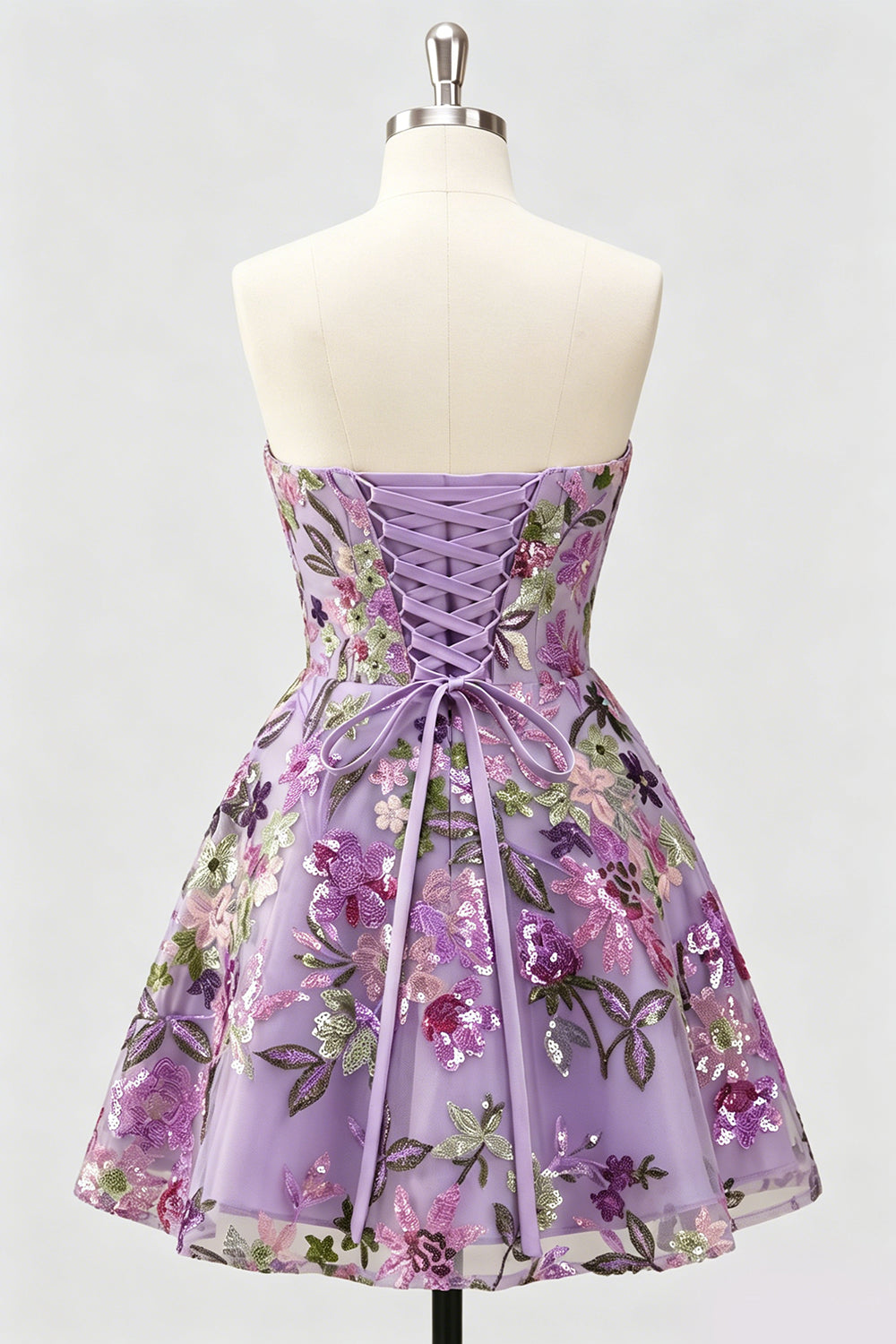 Lilac A-Line Sweetheart Floral Sequins Homecoming Dress with Lace Up Back