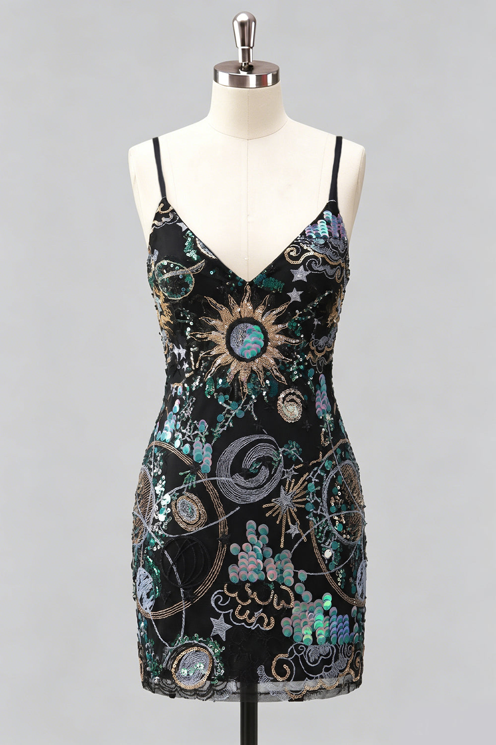 Navy Bodycon Spaghetti Straps Sequins Short Homecoming Dress with Lace-Up Back