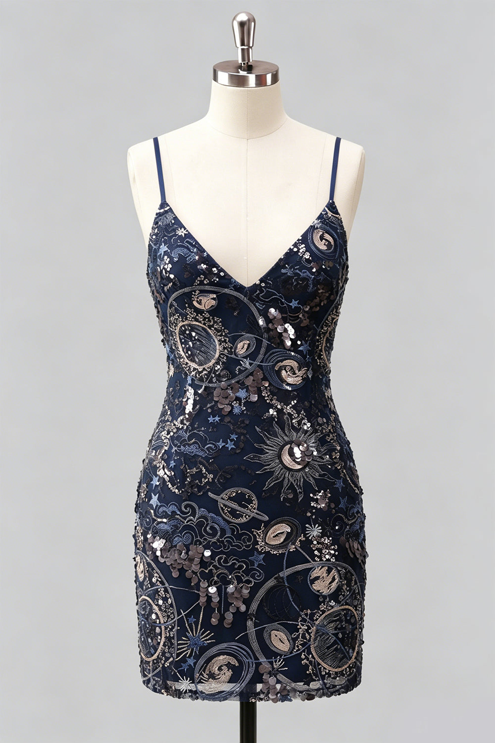 Navy Bodycon Spaghetti Straps Sequins Short Homecoming Dress with Lace-Up Back