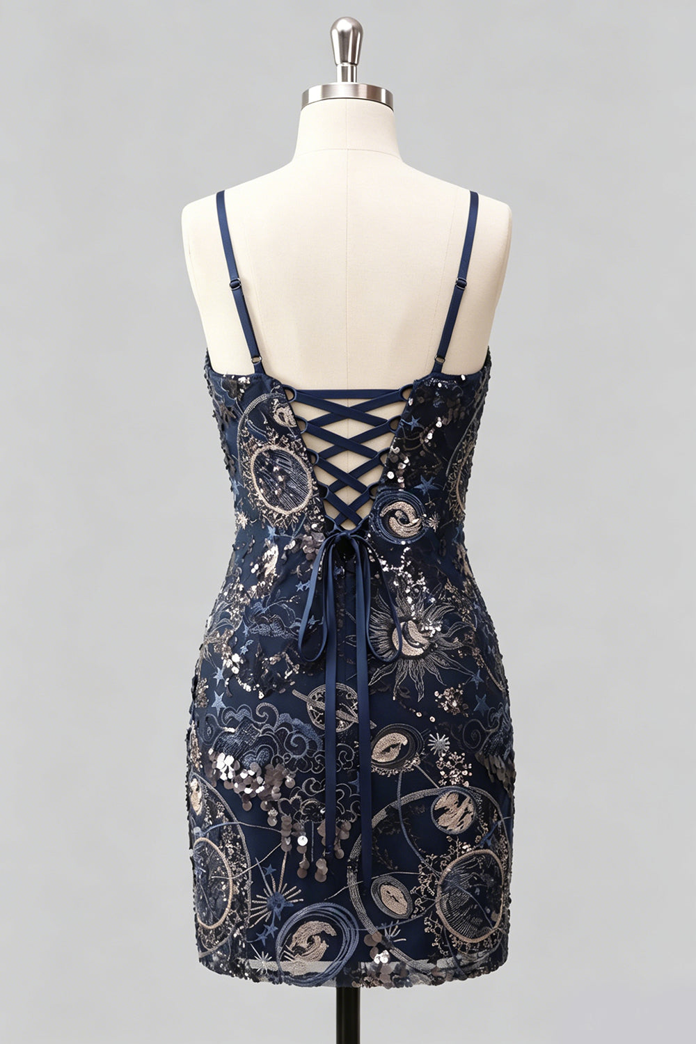 Navy Bodycon Spaghetti Straps Sequins Short Homecoming Dress with Lace-Up Back