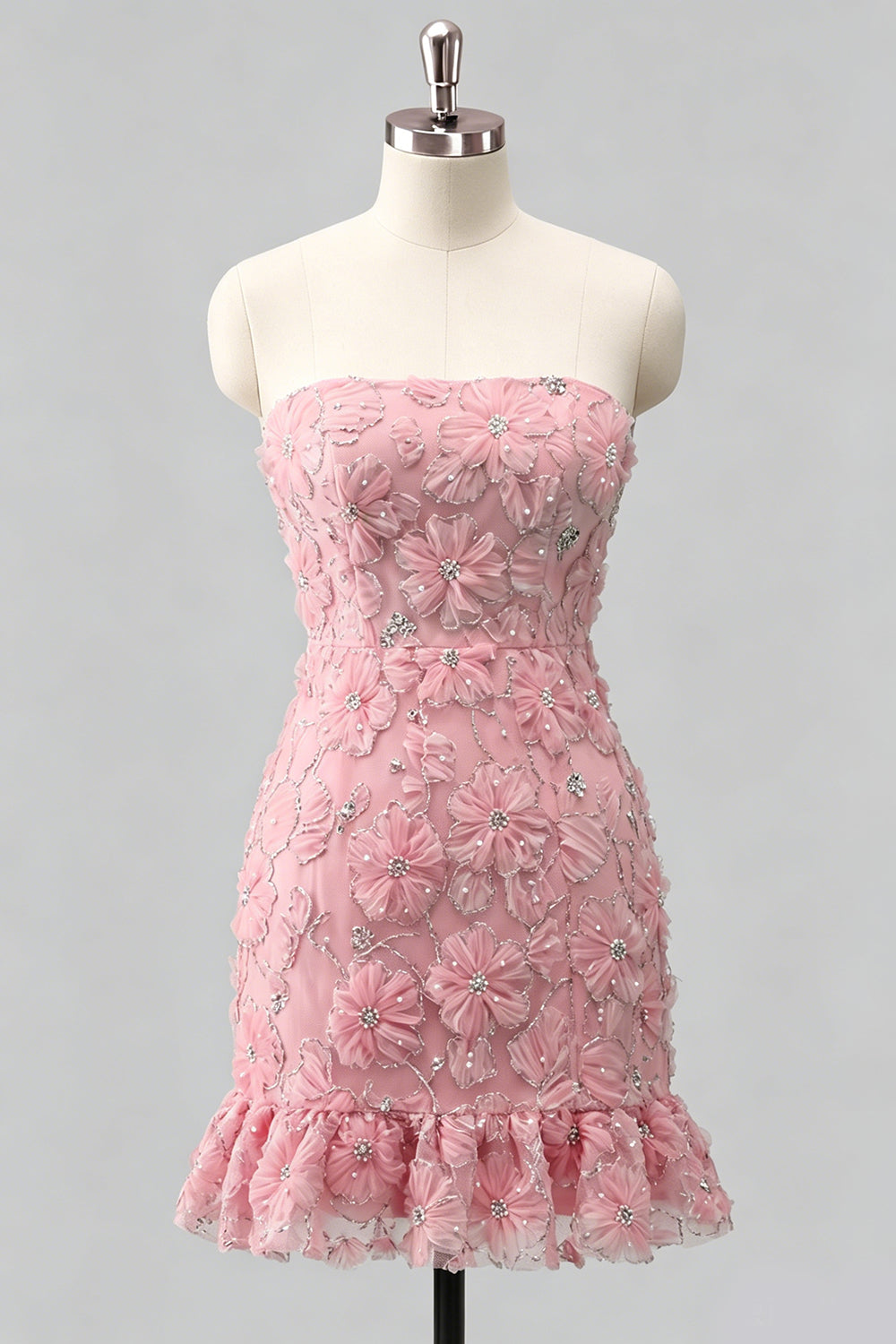 Light Blue Bodycon Strapless Ruffled Floral Beaded Homecoming Dress with Lace-Up Back