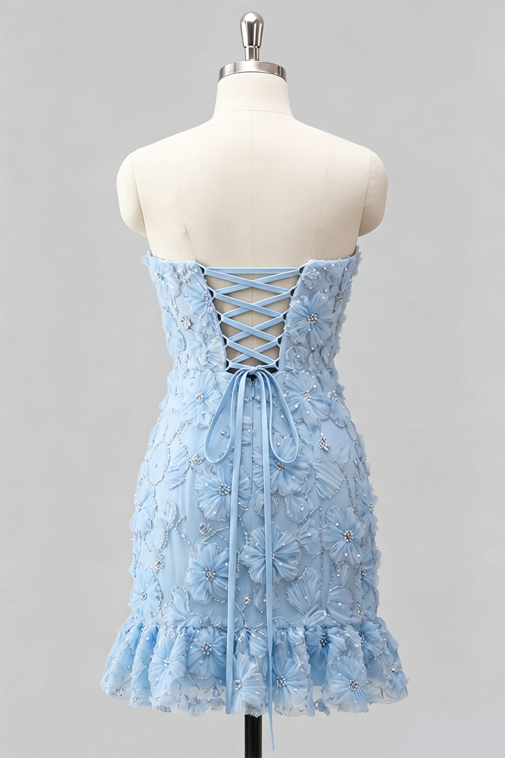 Light Blue Bodycon Strapless Ruffled Floral Beaded Homecoming Dress with Lace-Up Back
