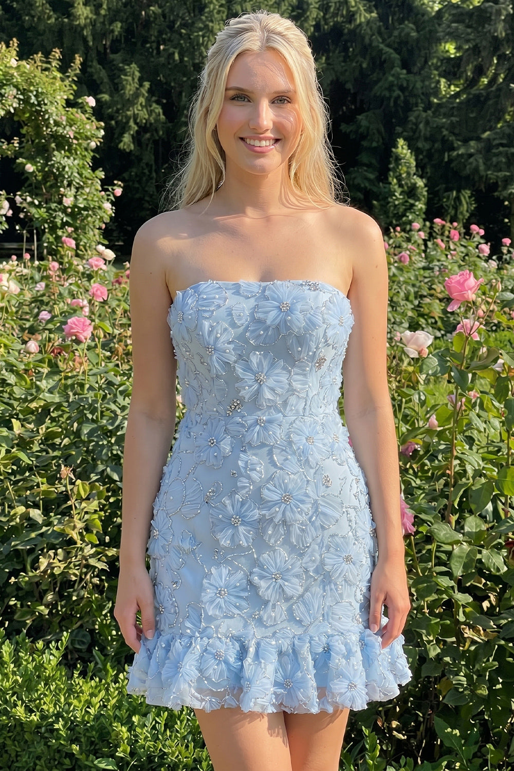 Light Blue Bodycon Strapless Ruffled Floral Beaded Homecoming Dress with Lace-Up Back
