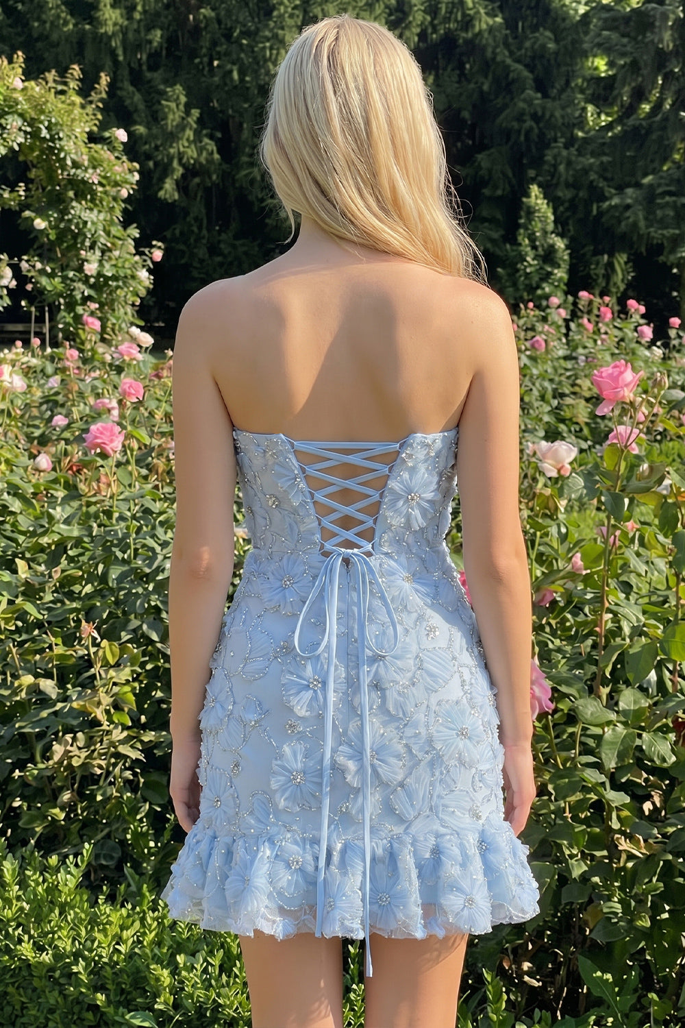 Light Blue Bodycon Strapless Ruffled Floral Beaded Homecoming Dress with Lace-Up Back