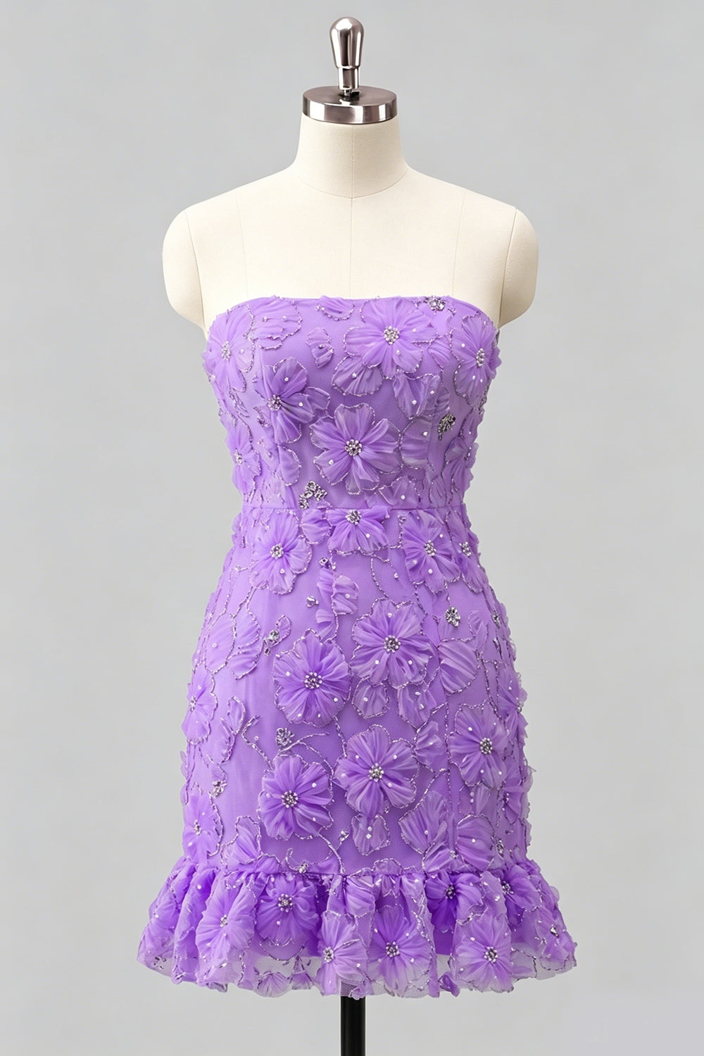 Light Blue Bodycon Strapless Ruffled Floral Beaded Homecoming Dress with Lace-Up Back