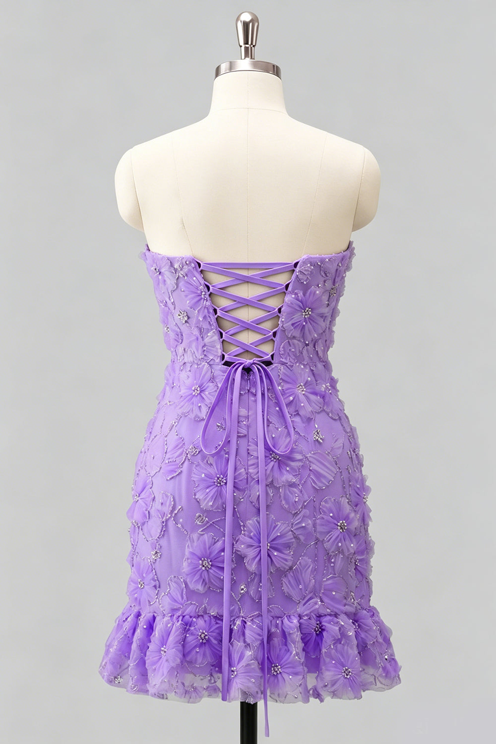Light Blue Bodycon Strapless Ruffled Floral Beaded Homecoming Dress with Lace-Up Back