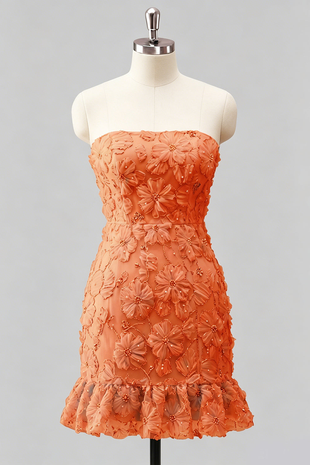 Light Blue Bodycon Strapless Ruffled Floral Beaded Homecoming Dress with Lace-Up Back
