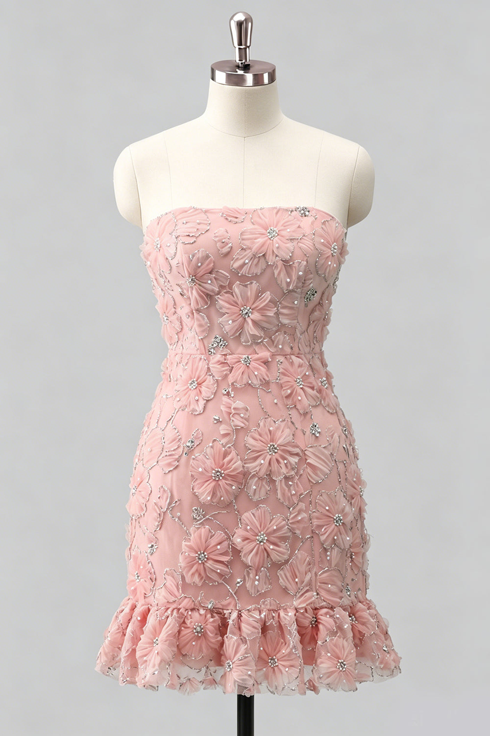 Light Blue Bodycon Strapless Ruffled Floral Beaded Homecoming Dress with Lace-Up Back