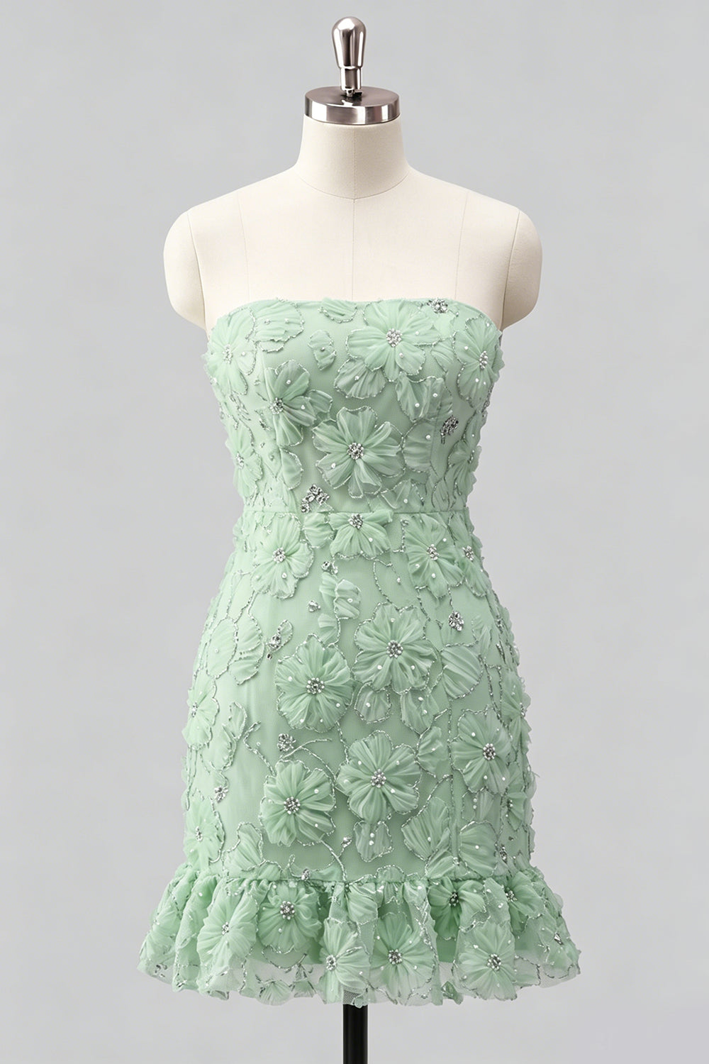 Light Blue Bodycon Strapless Ruffled Floral Beaded Homecoming Dress with Lace-Up Back