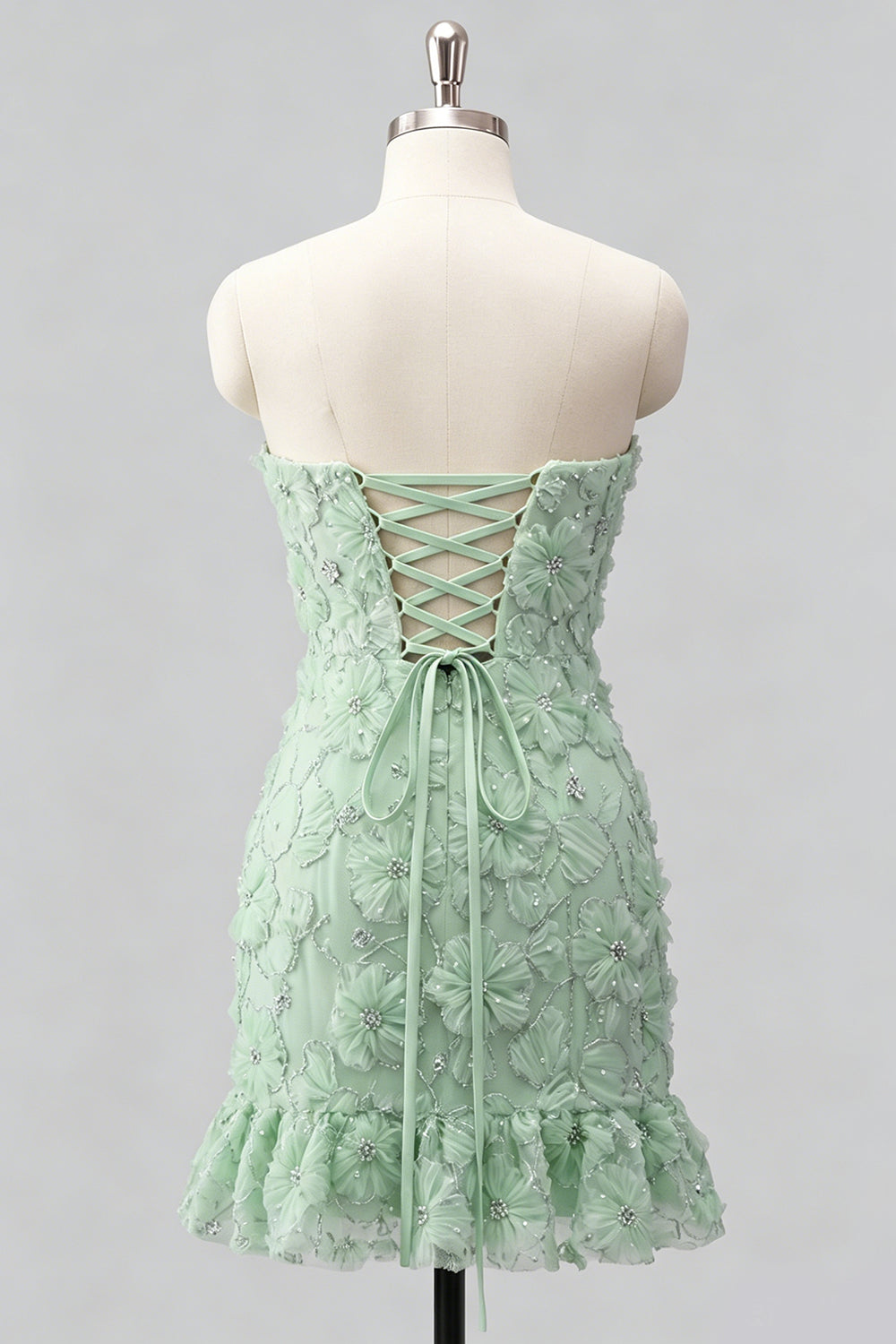 Light Blue Bodycon Strapless Ruffled Floral Beaded Homecoming Dress with Lace-Up Back
