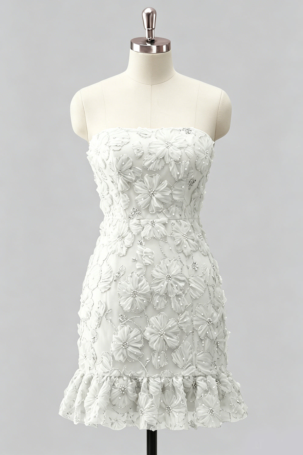 Light Blue Bodycon Strapless Ruffled Floral Beaded Homecoming Dress with Lace-Up Back