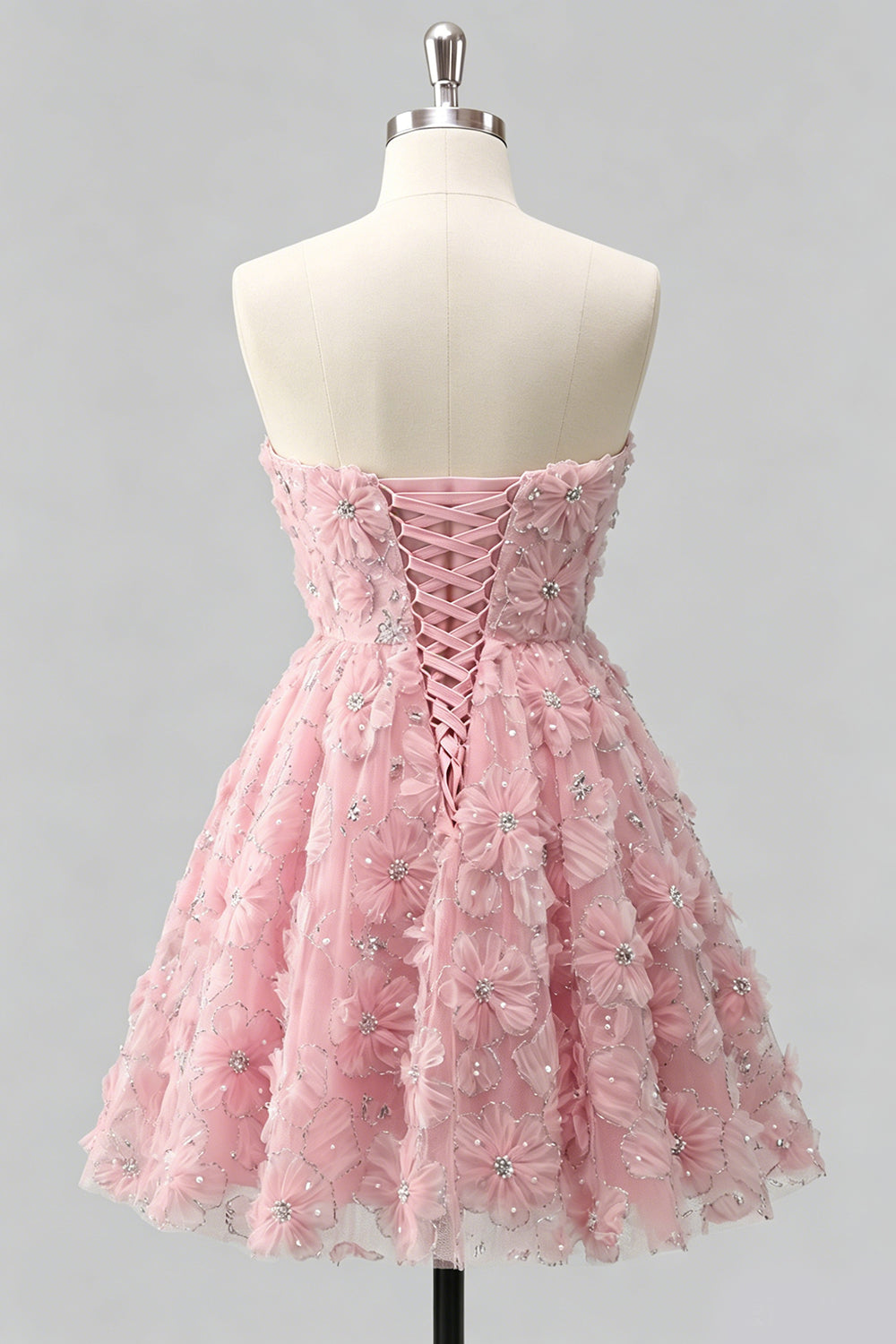 Dusty Rose Sweetheart A-Line Floral Beaded Homecoming Dress with Lace Up Back