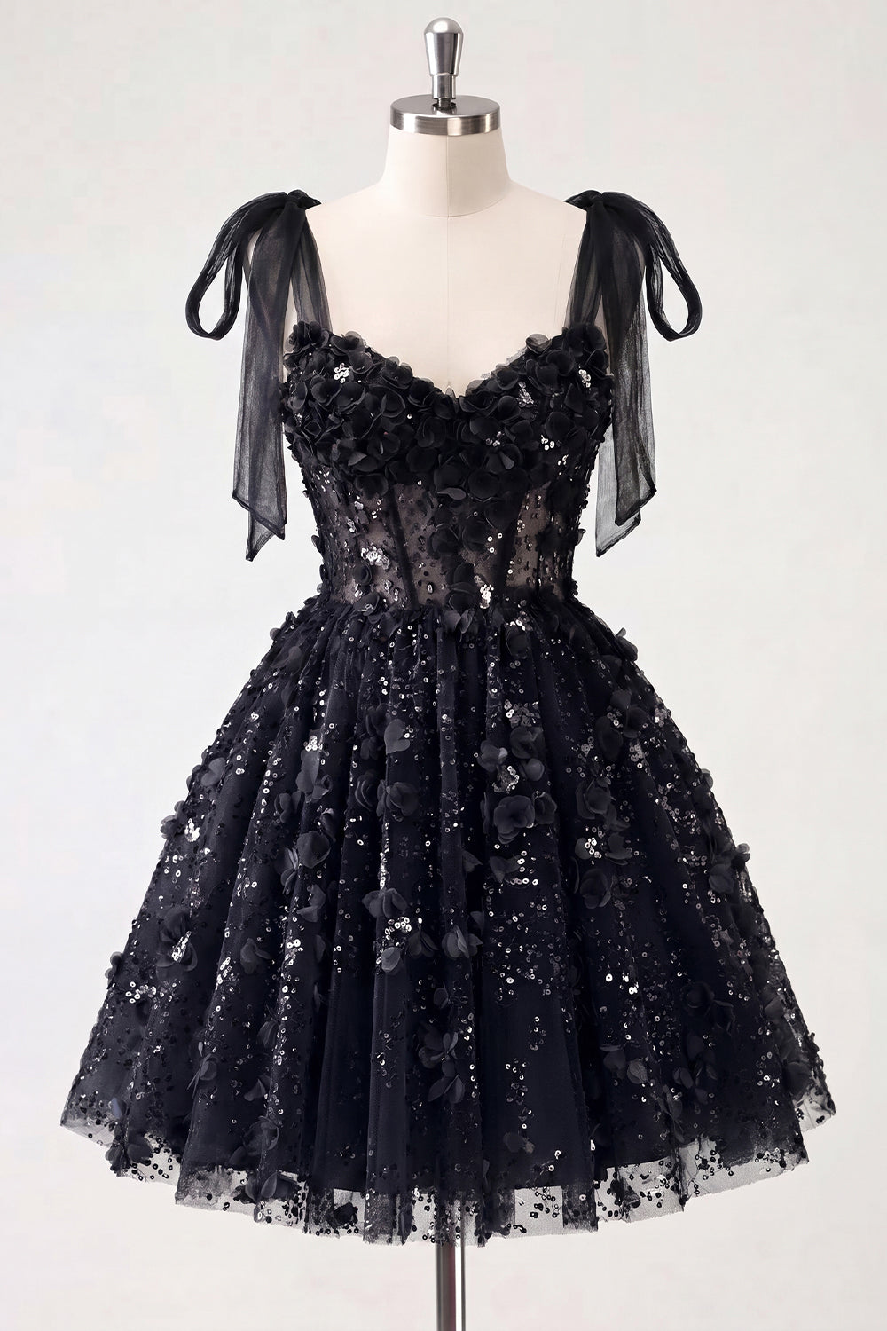 A-Line Floral Sheer Corset Sequins Cocktail Dress with Lace Up Back