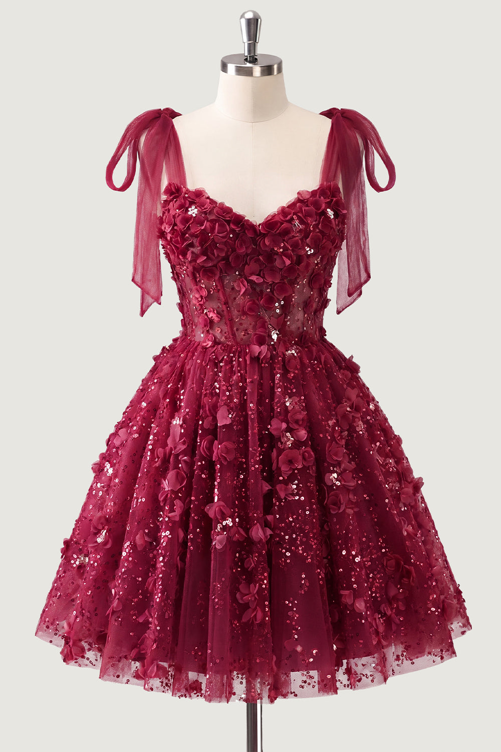 A-Line Floral Sheer Corset Sequins Cocktail Dress with Lace Up Back