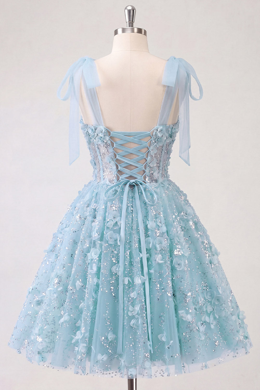 A-Line Floral Sheer Corset Sequins Cocktail Dress with Lace Up Back