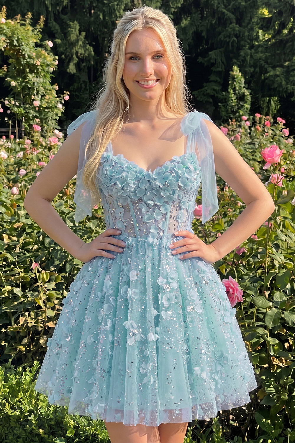 A-Line Floral Sheer Corset Sequins Cocktail Dress with Lace Up Back