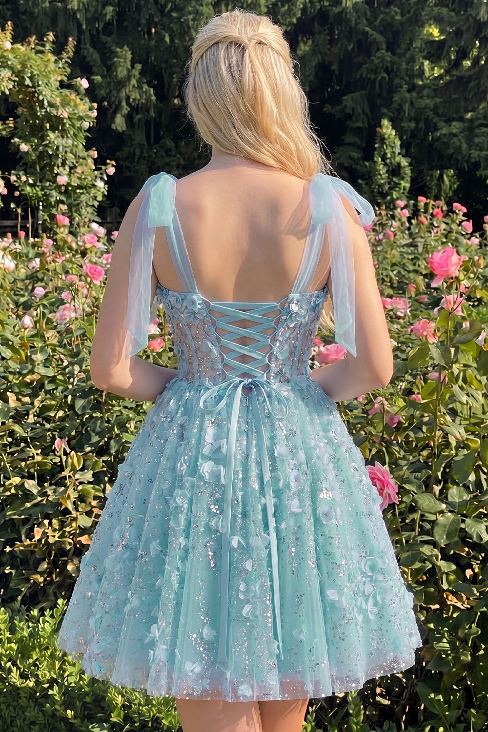 A-Line Floral Sheer Corset Sequins Cocktail Dress with Lace Up Back
