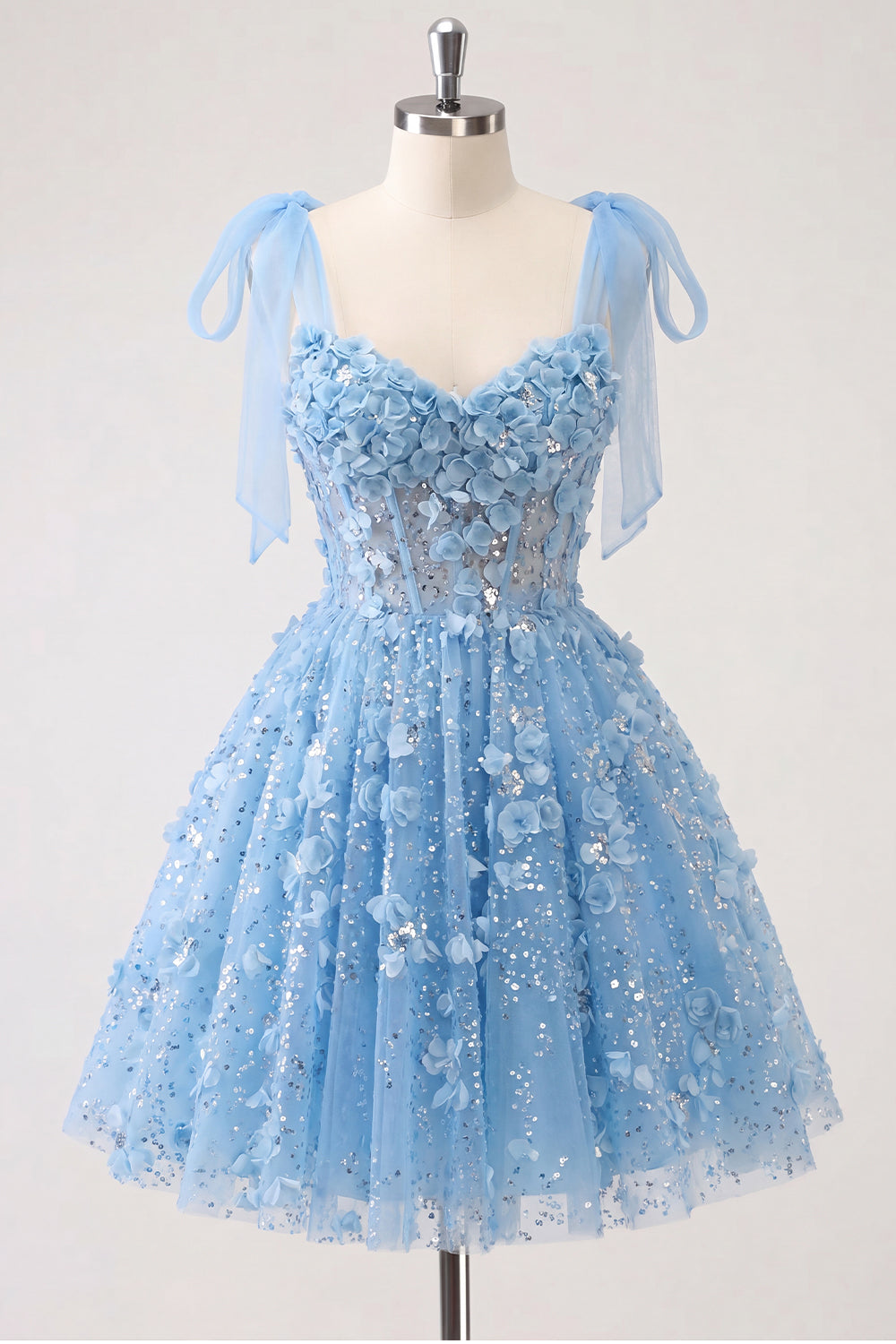 A-Line Floral Sheer Corset Sequins Cocktail Dress with Lace Up Back