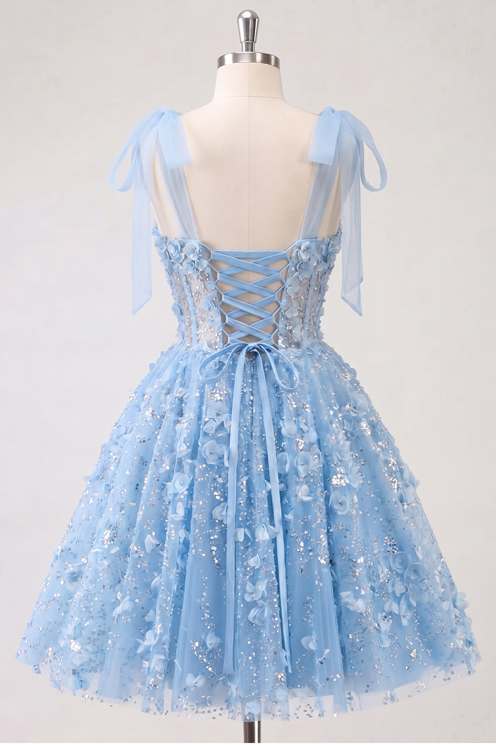A-Line Floral Sheer Corset Sequins Cocktail Dress with Lace Up Back