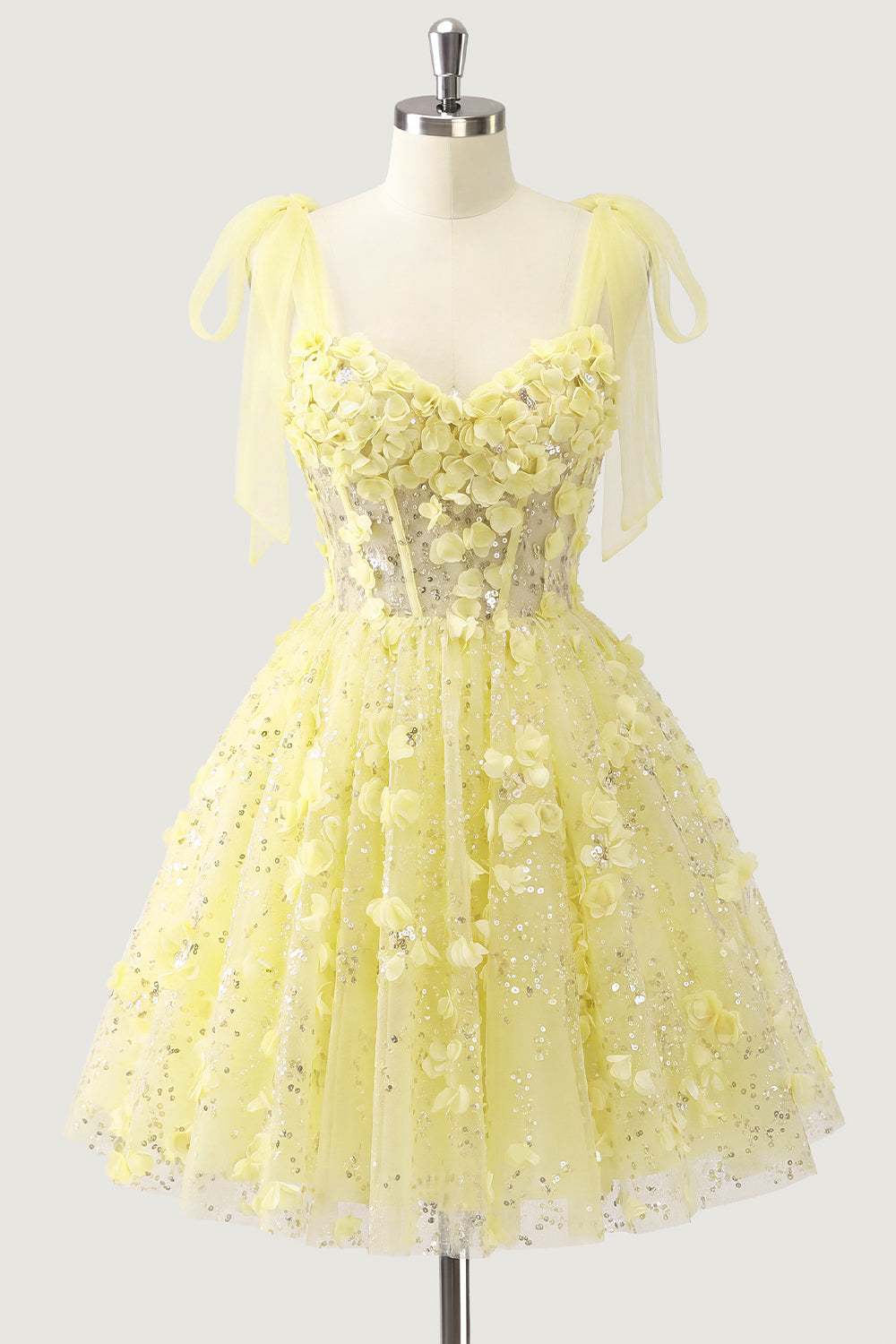 A-Line Floral Sheer Corset Sequins Cocktail Dress with Lace Up Back