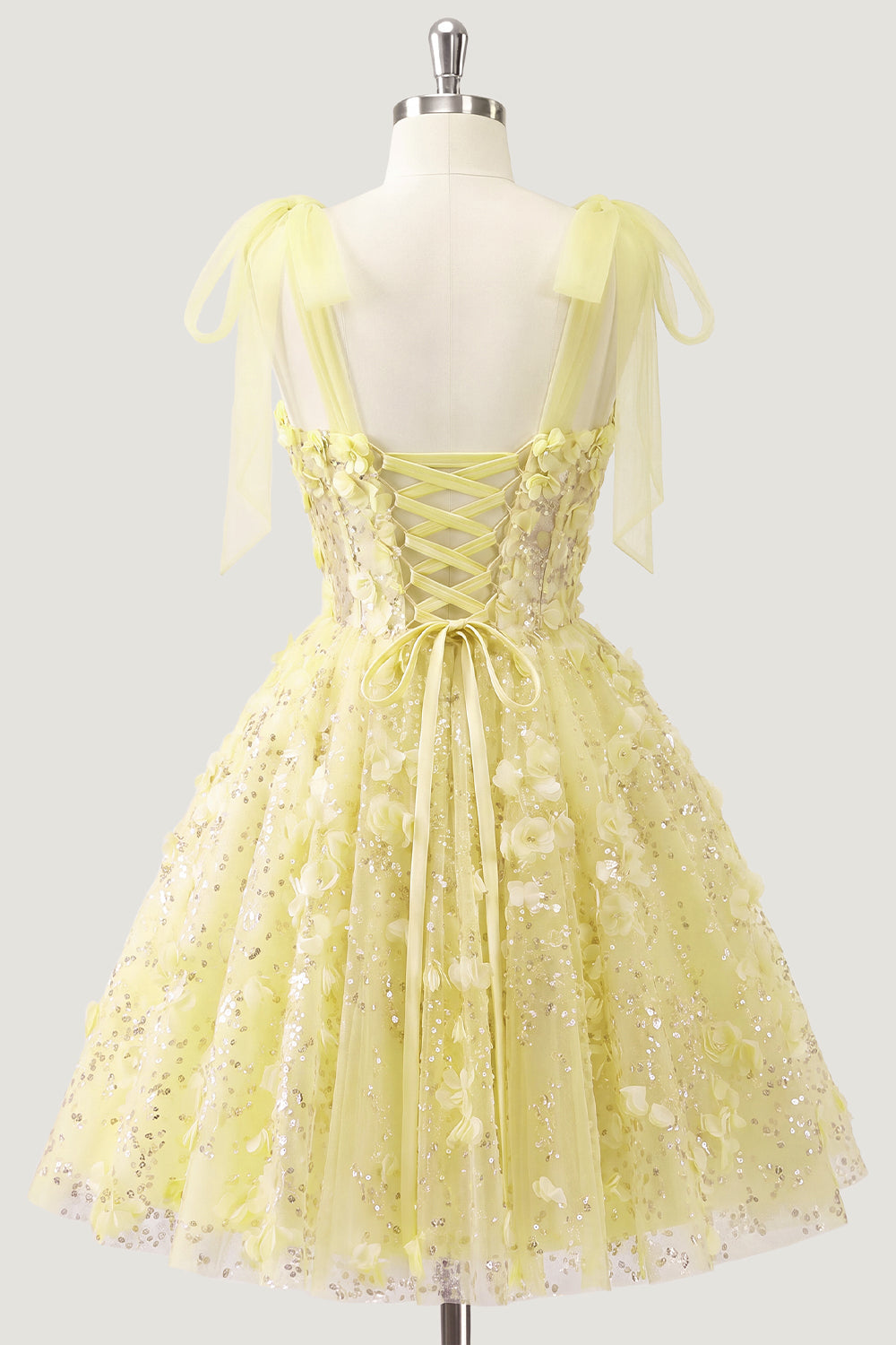 A-Line Floral Sheer Corset Sequins Cocktail Dress with Lace Up Back