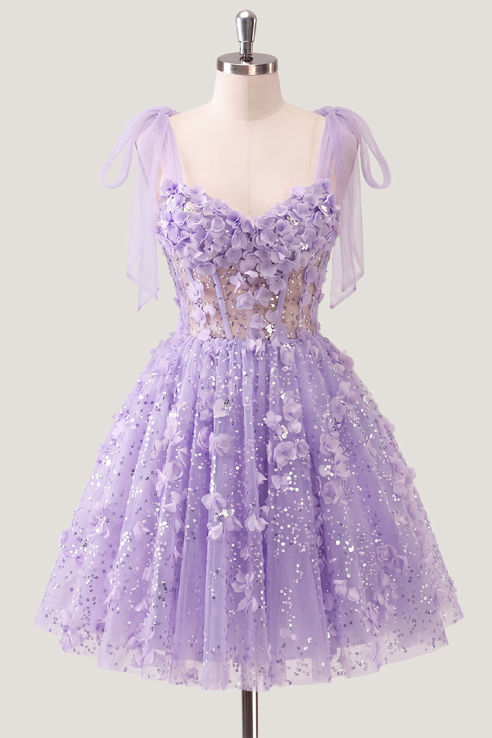 A-Line Floral Sheer Corset Sequins Cocktail Dress with Lace Up Back