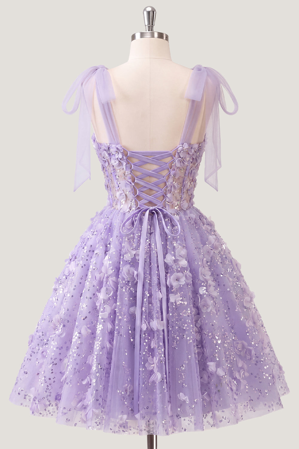 A-Line Floral Sheer Corset Sequins Cocktail Dress with Lace Up Back
